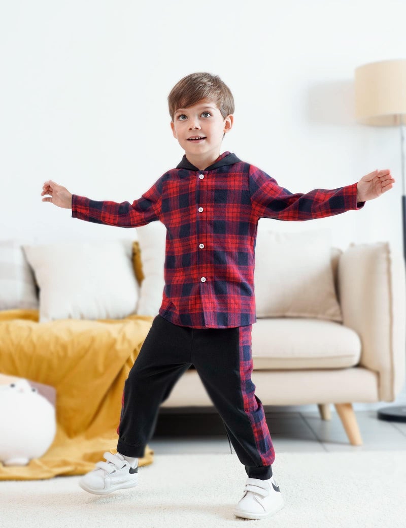 Fuermos Toddler Baby Boys Clothes Flannel Lattice Button Down Hooded Tops +Pants Boys Fall Winter Outfits(5-6T) - Image 4